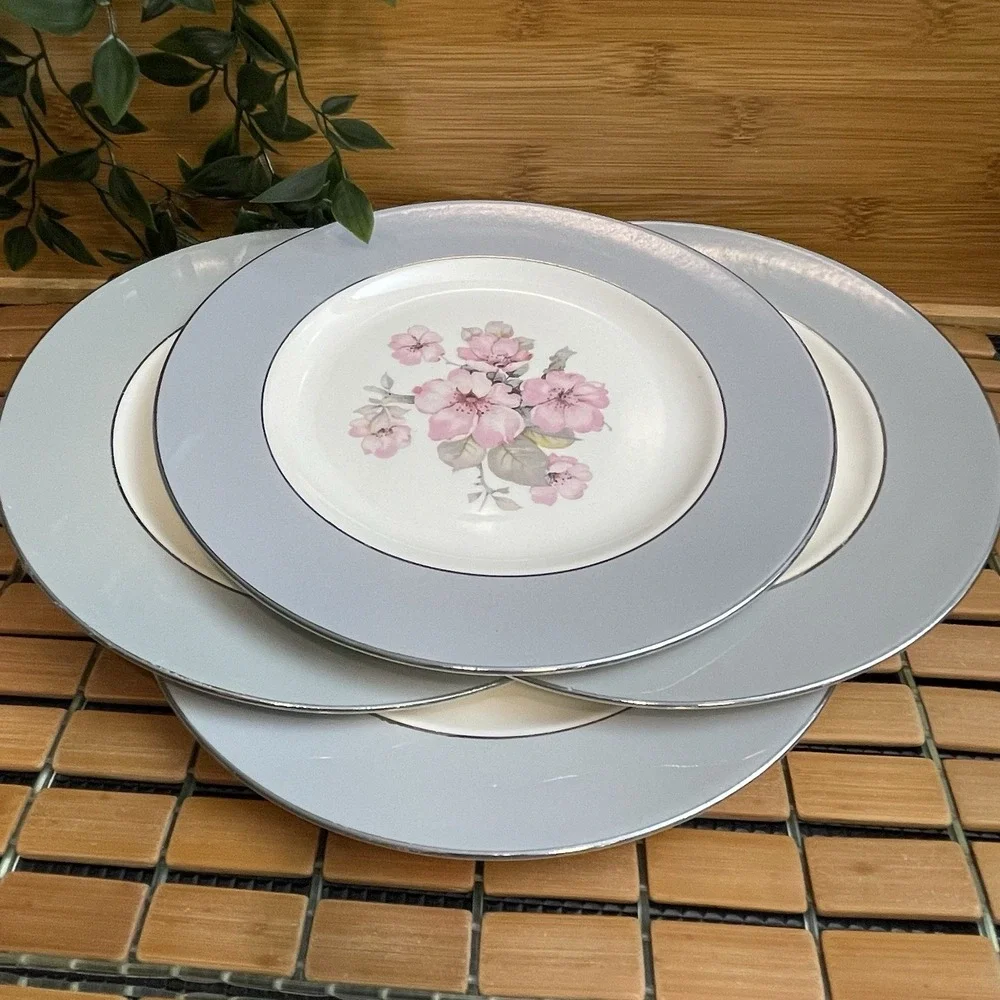 Vintage 1953 Homer Laughlin Cavalier Eggshell Dinner Plate Set CV17 Gray Floral